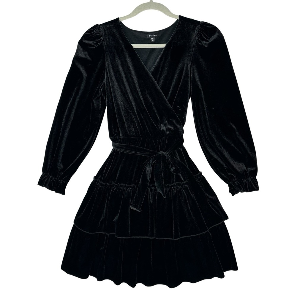 Zunie Girls 14 Black Velvet Tiered Dress Long Sleeve Holiday Noir Wrap